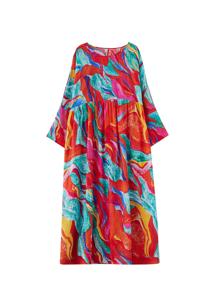 Holiday Style Red O-neck Print Loose Cotton Long Dress Summer Ap070
