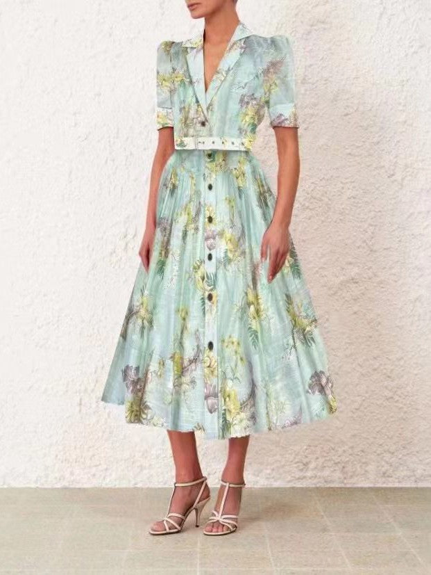 Red & Green Print Maxi Dress With Belt