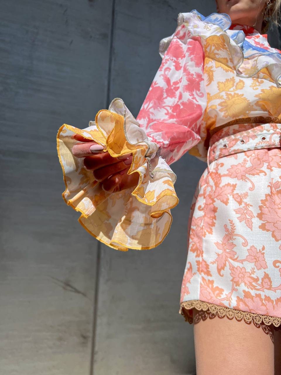 Print Ruffles Blouse & Shorts Coord Set With Belt