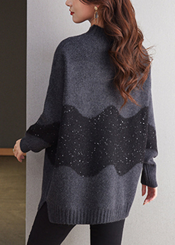 Italian Black Turtleneck Patchwork Thick Wool Knit Sweaters Winter Te034