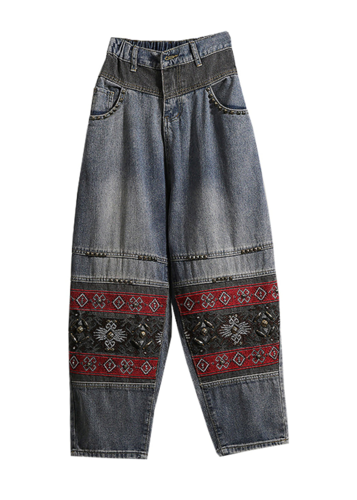 Italian Blue Embroidered Pockets Patchwork Denim Pants Spring Qq1050