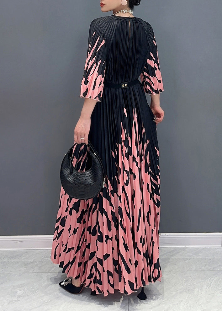 Italian Colorblock O-neck Cinched Print Long Dresses Bracelet Sleeve Uu1015