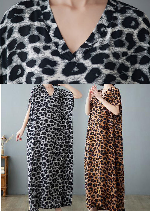 Italian Grey Leopard Print Oversized Linen Maxi Dress Summer Ly0893