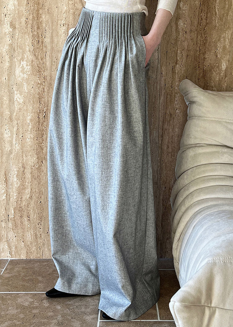 Italian Grey Pockets Wrinkled Wide Leg Pants Fall Qe066