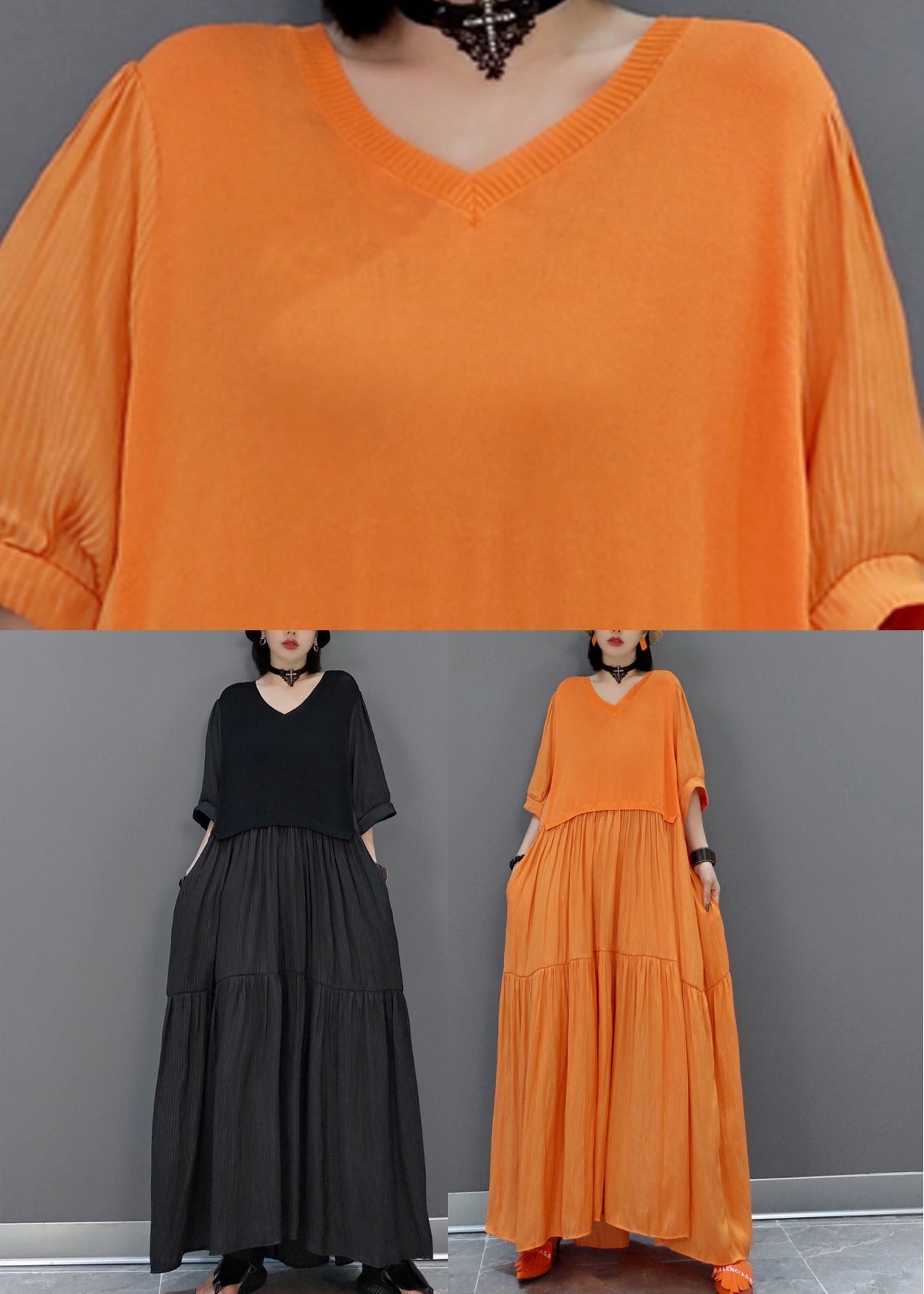 Italian Orange V Neck Patchwork Holiday Maxi Dress Summer Vb1002