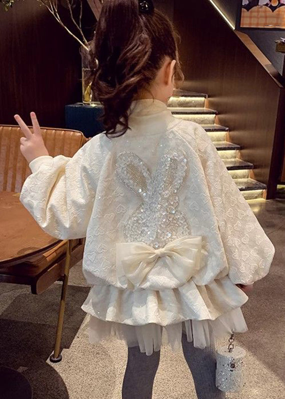 Jacquard Beige Stand Collar Sequins Zippered Kids Coats Fall Qv028