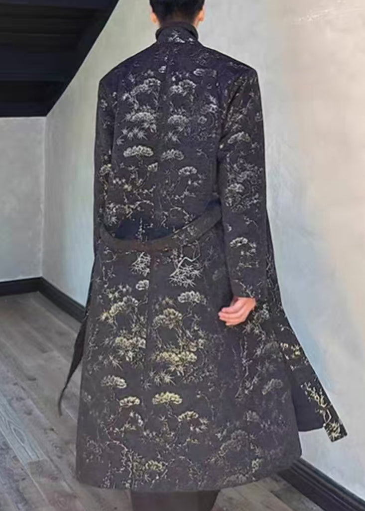 Jacquard Black Side Open Tie Waist Long Coats Fall Ro028
