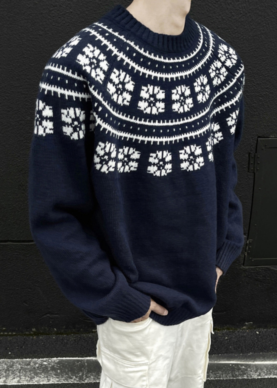 Jacquard Navy O-neck Cozy Knit Sweater Spring Tk010