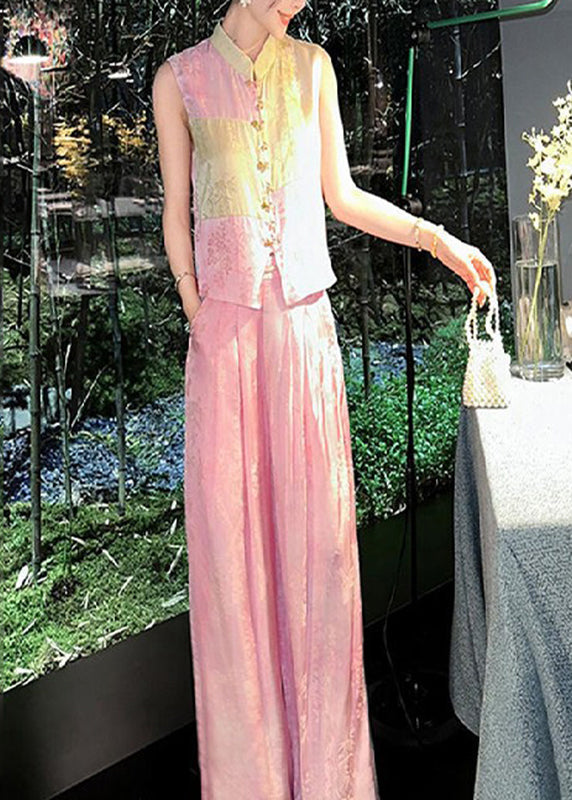 Jacquard Pink Stand Collar Patchwork Silk Cotton Shirts and Wide Leg Pants Two Piece Set Sleeveless Uu1035