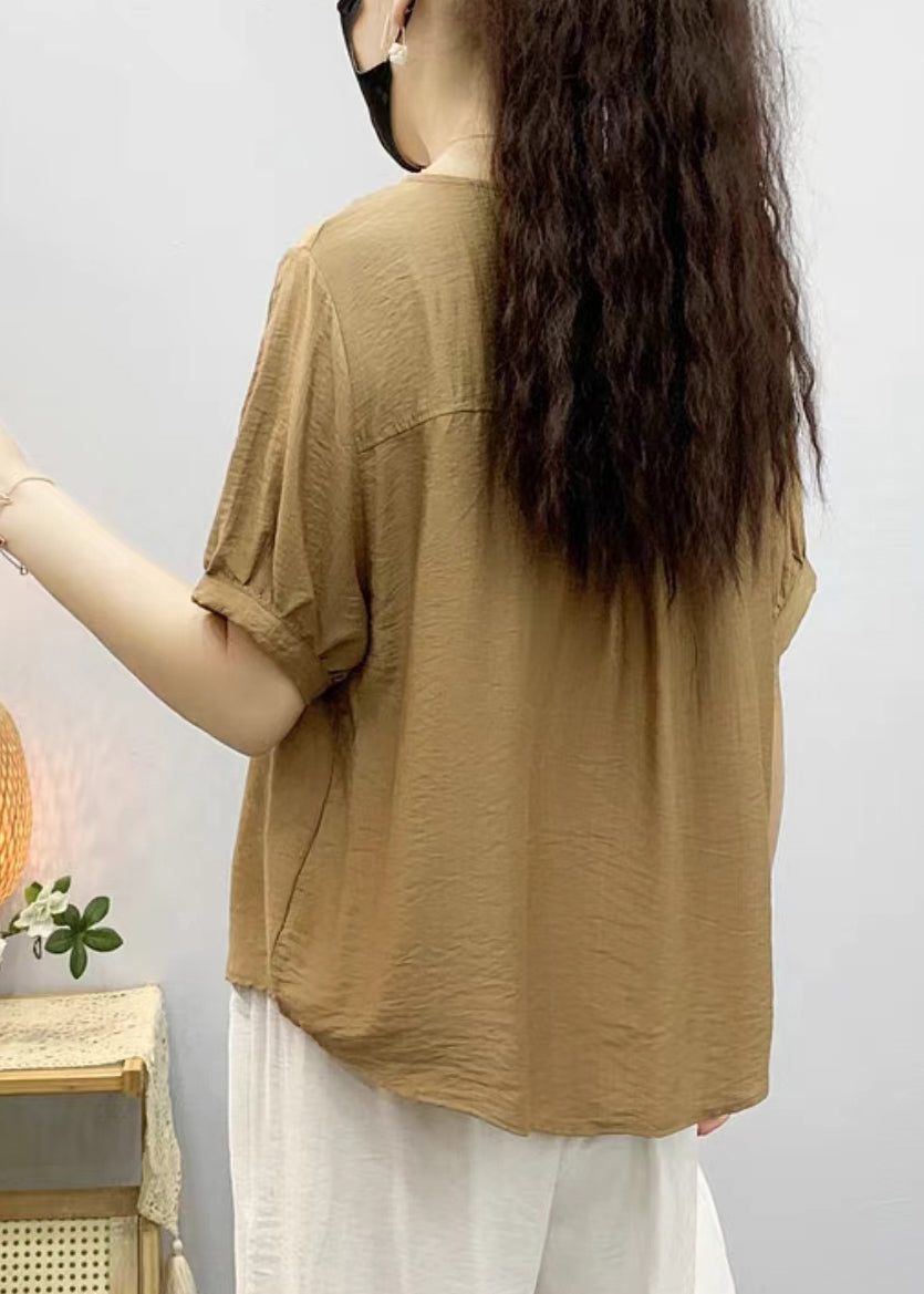 Khaki Embroidered Linen Blouse V Neck Short Sleeve Re044