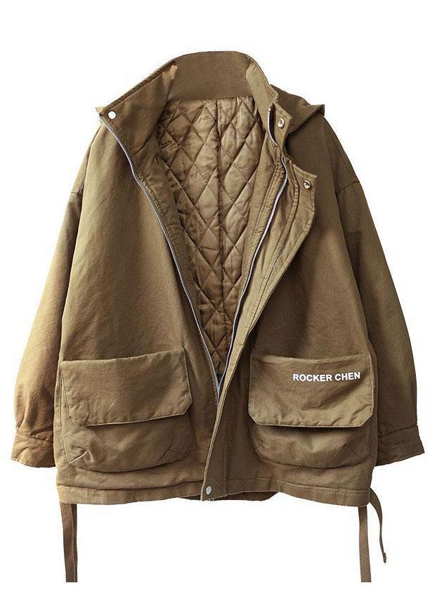 Khaki Hooded Zippered Winter Cotton Long Sleeve Coat Qs040