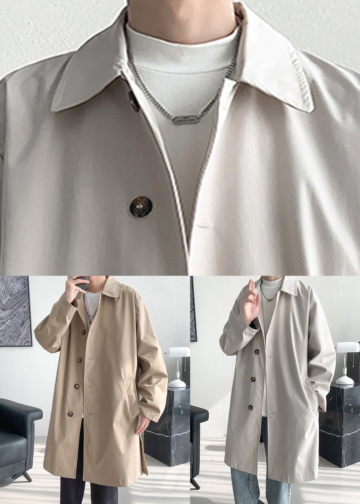 Khaki Pockets Oversized Cotton Spring Coats Peter Pan Collar Yq009