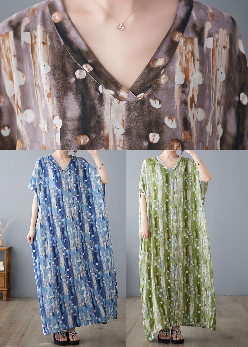 Green V Neck Print Linen Long Dress Summer Ly0915