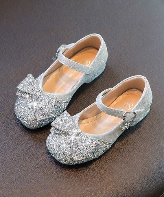 Strap Bow Buckle Faux Silver Kids Leather Zircon Flat Shoes