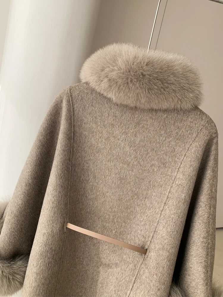 High End Double Sided Cashmere Fox Cloak Shawl Woolen Warm Coat