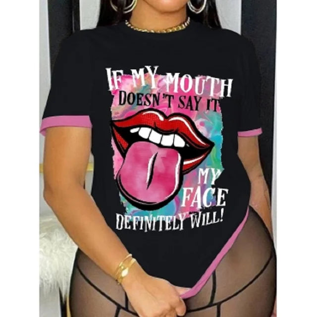 Lip Letter Print T-shirt Summer Short Sleeve ’s Top