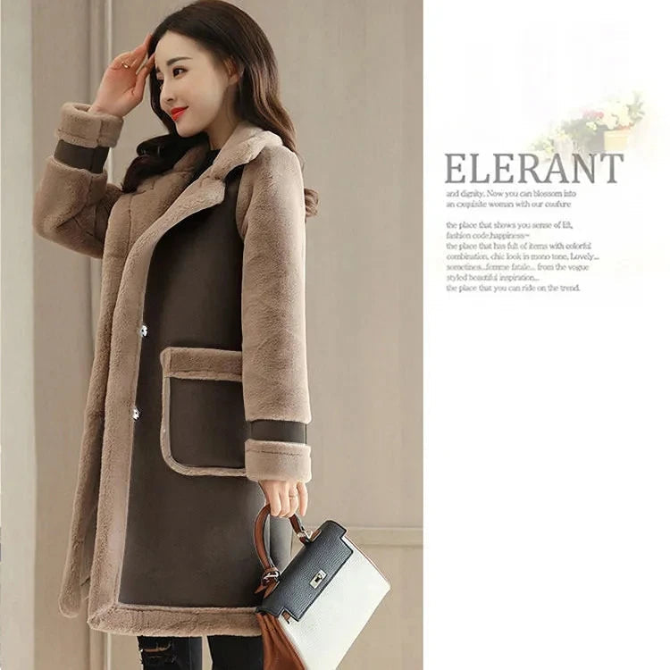 Lamb Wool Mid-length Winter Plus Loose Frosted Splicing Coat
