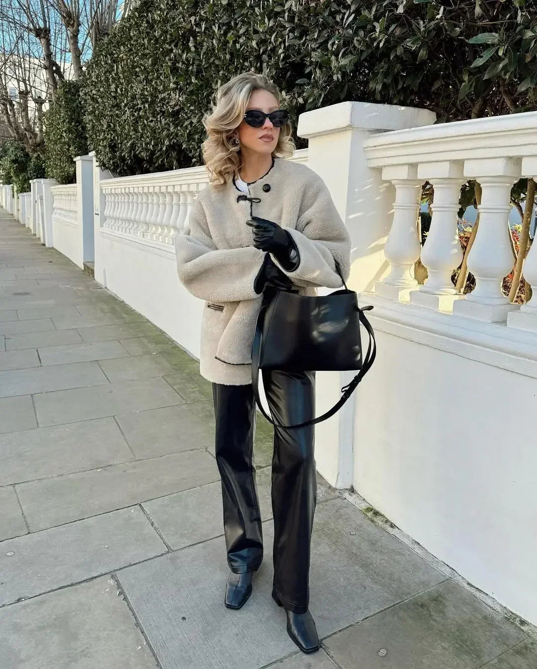 Lamb Wool Contrast Plush Warm Autumn Winter Long Sleeve Loose Coat
