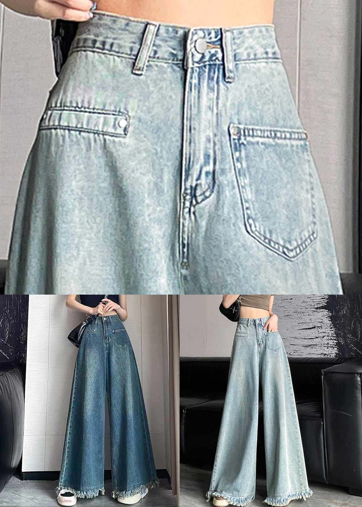 Light Blue Button Denim Wide Leg Pants Tasseled Aw1006