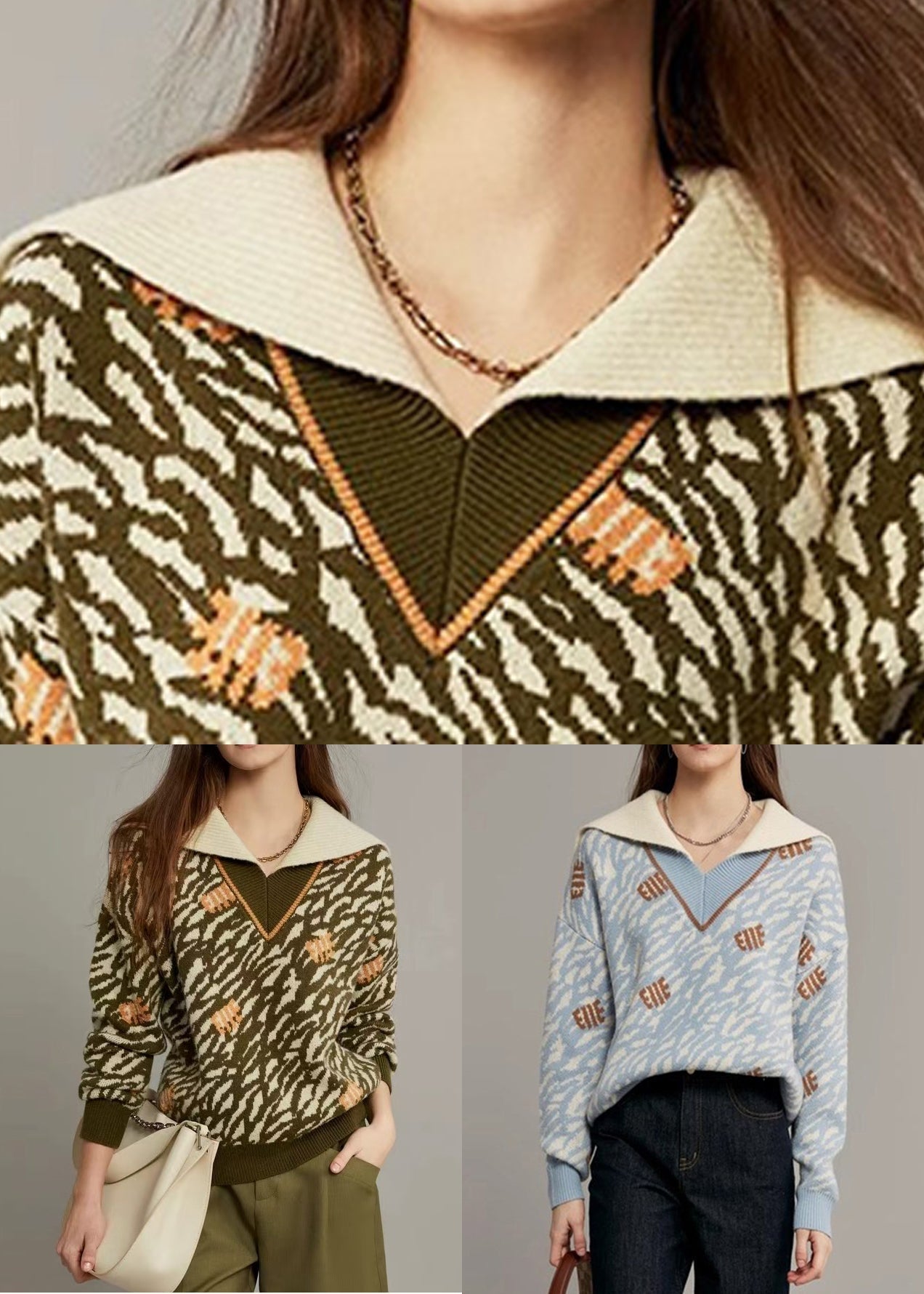 Jacquard Army Green Sailor Collar Cozy Knit Sweater Winter Wk006