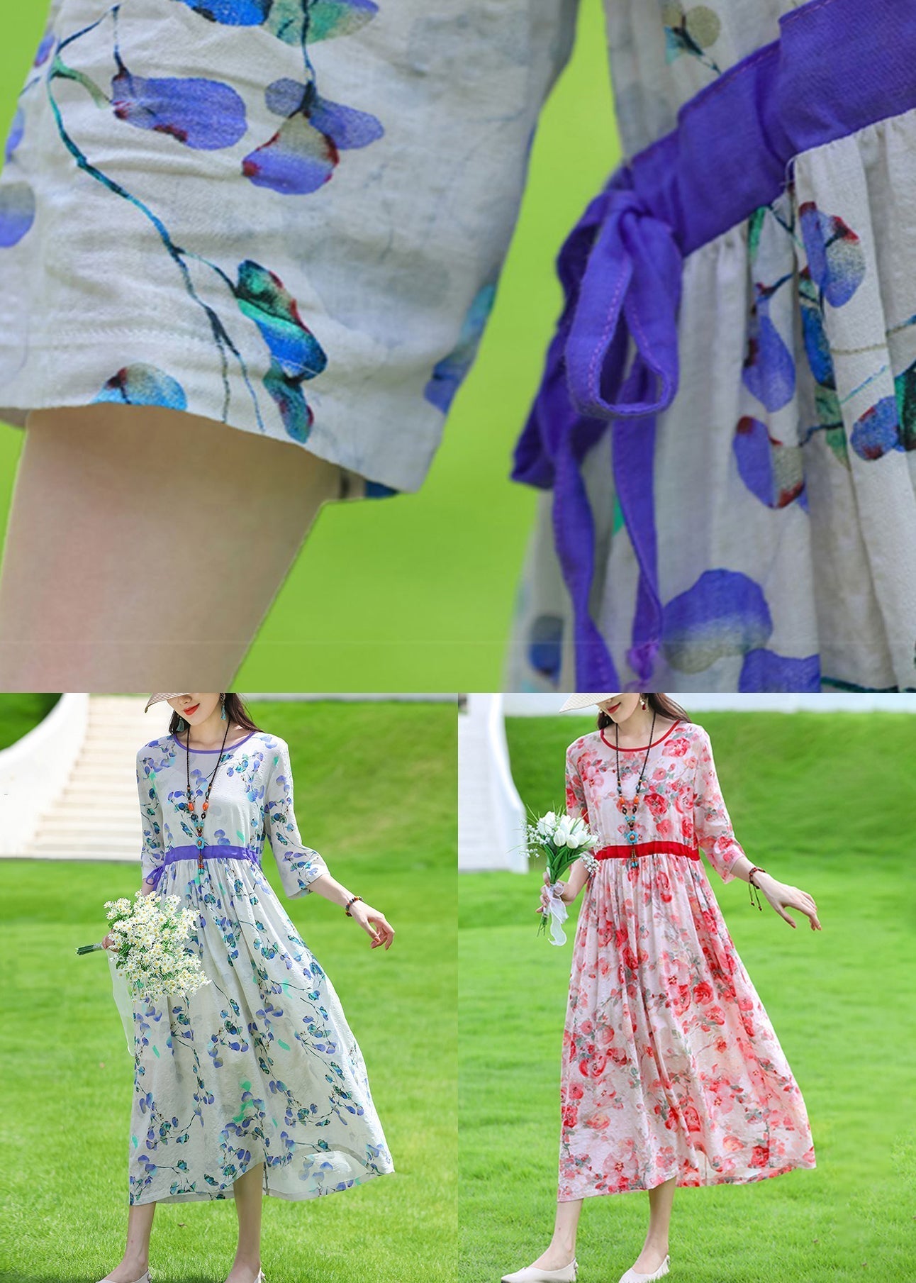 Light Blue Pockets Linen Long Dress O Neck Half Sleeve Jh011