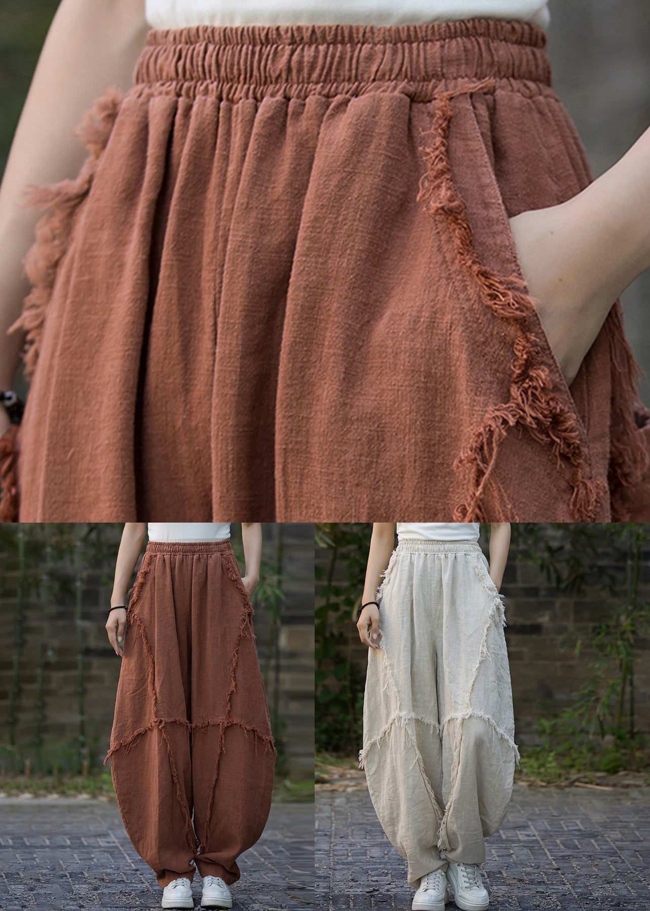Linen Pockets Linen Lantern Pants Elastic Waist Qe041