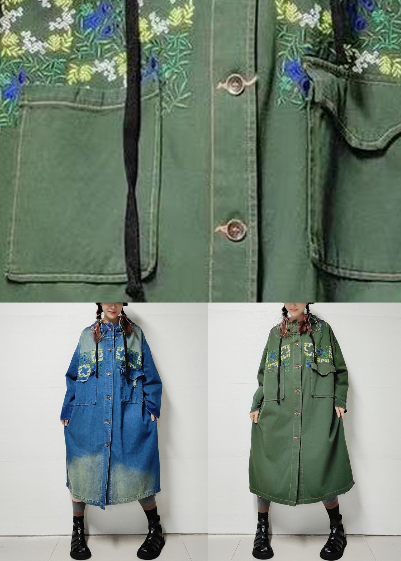 Loose Army Green Hooded Pockets Denim Long Trench Coat Fall Mn038