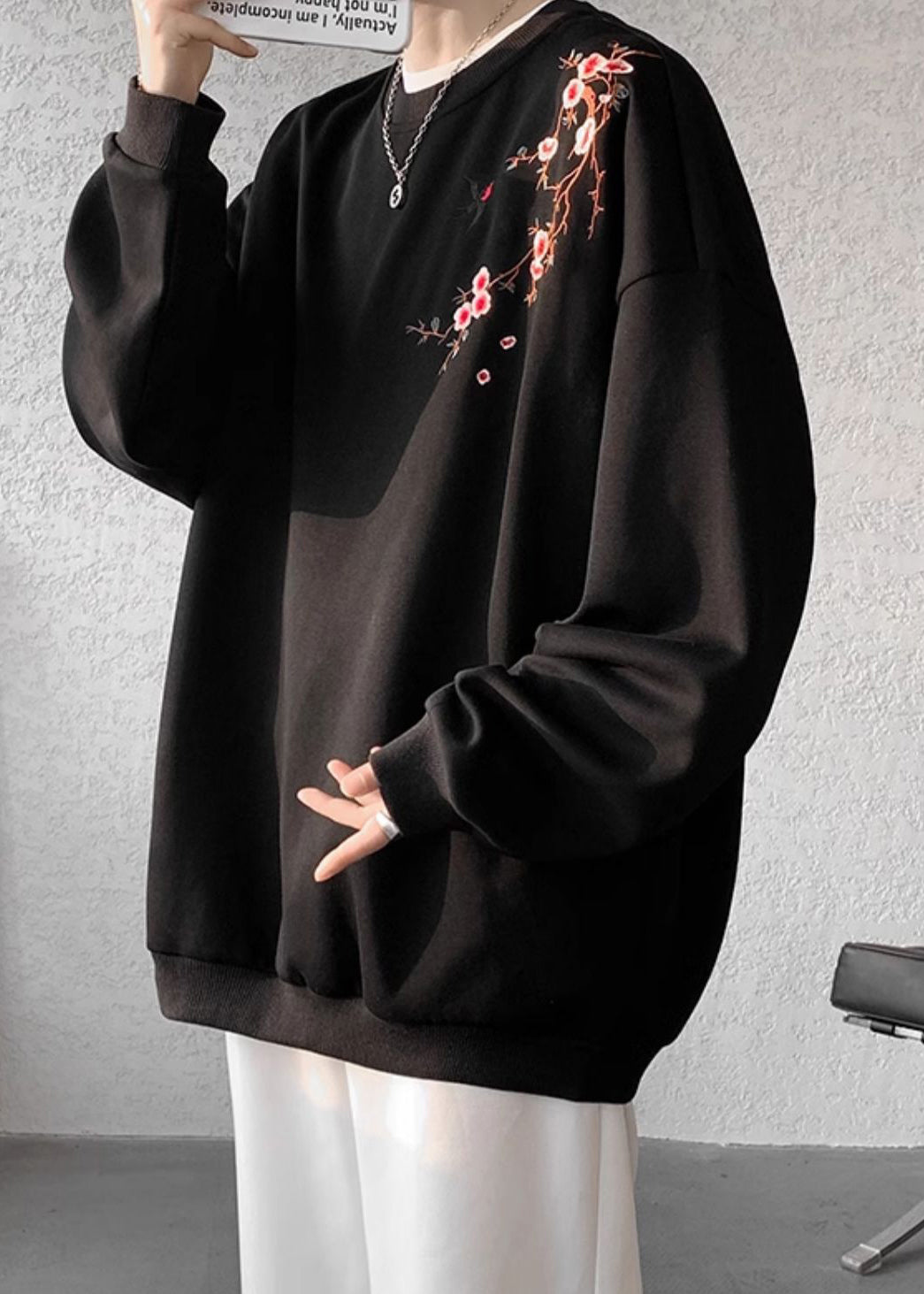 Loose Beige O Neck Embroideried Cotton Pullover Sweatshirts Fall Wj036