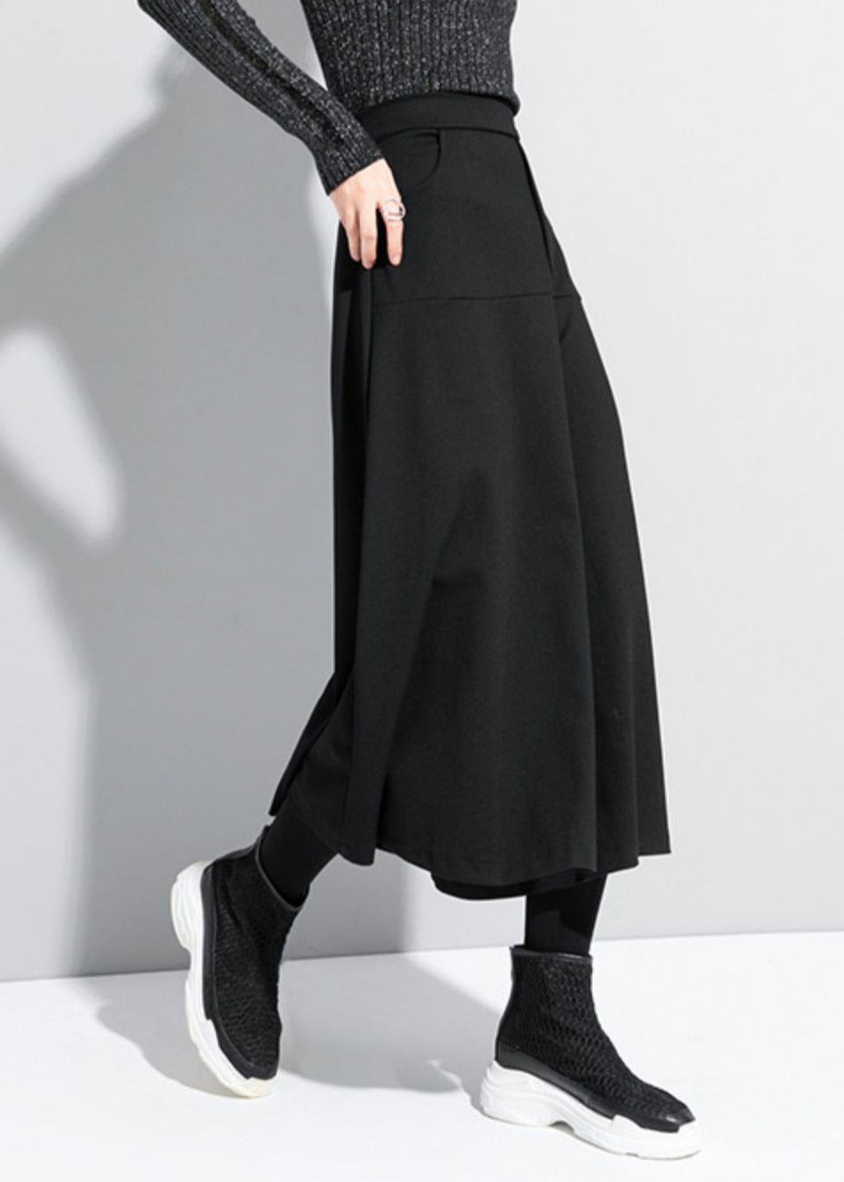 Loose Black High Waist Crop Pants Skirt Spring Rz003