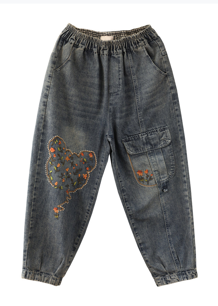 Loose Blue Embroidered Pockets Elastic Waist Denim Pants Spring Qq1018