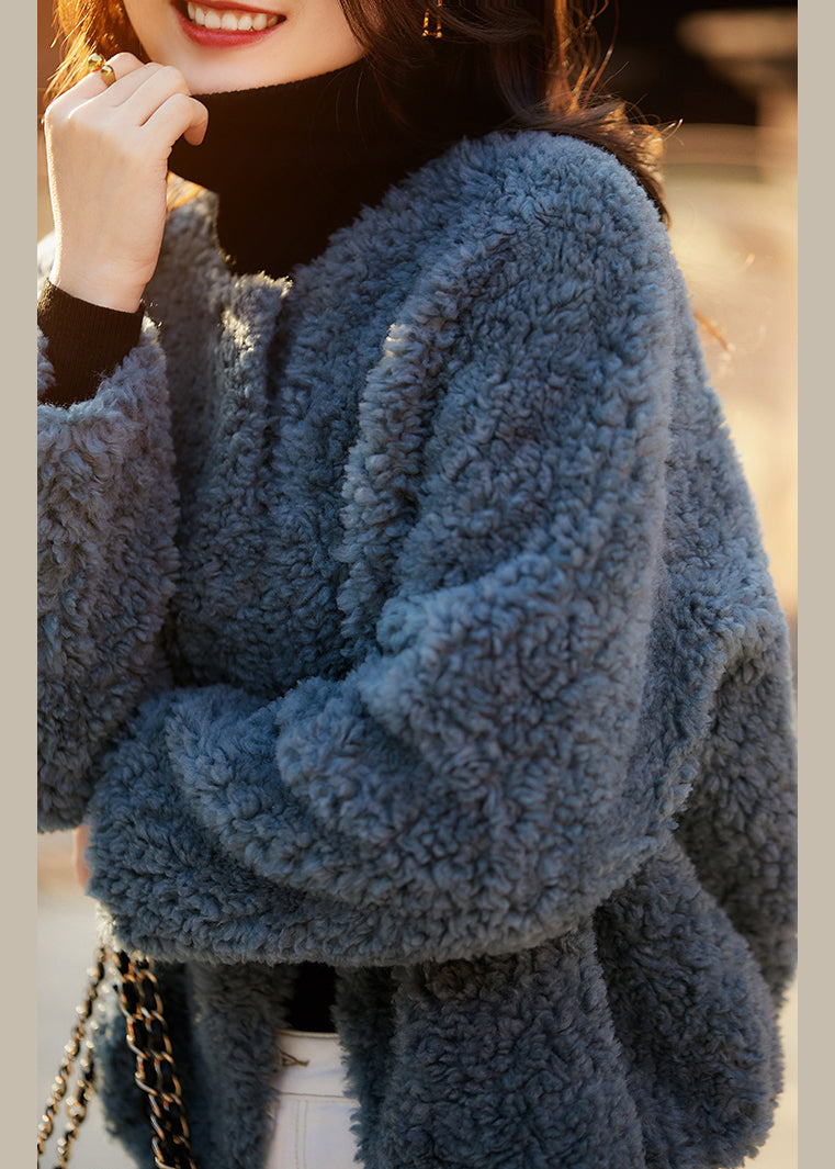 Loose Blue Pockets Drawstring Teddy Faux Fur Coats Spring Tf046