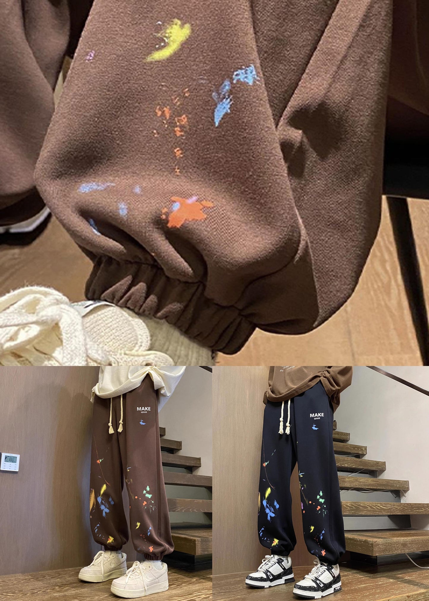 Loose Brown Pockets Elastic Waist Warm Fleece Pants Winter Wa064