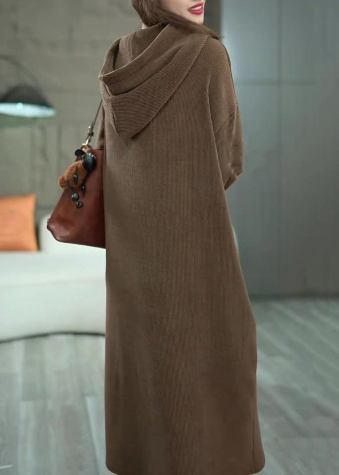 Loose Coffee Hooded Pockets Long Dress Winter Wm011