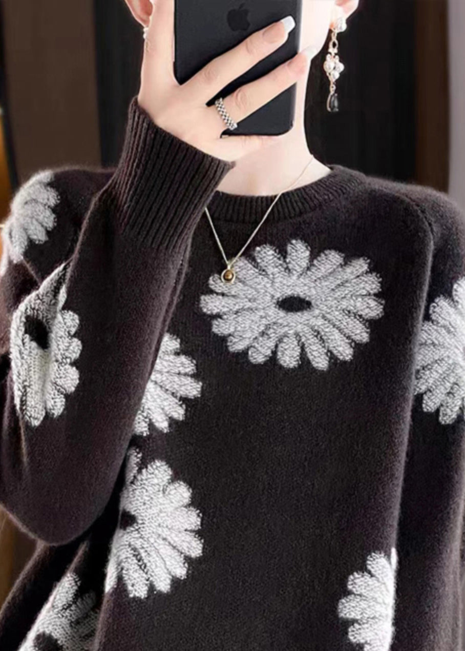 Loose Coffee O-neck Print Wool Knit Sweaters Fall Qp043
