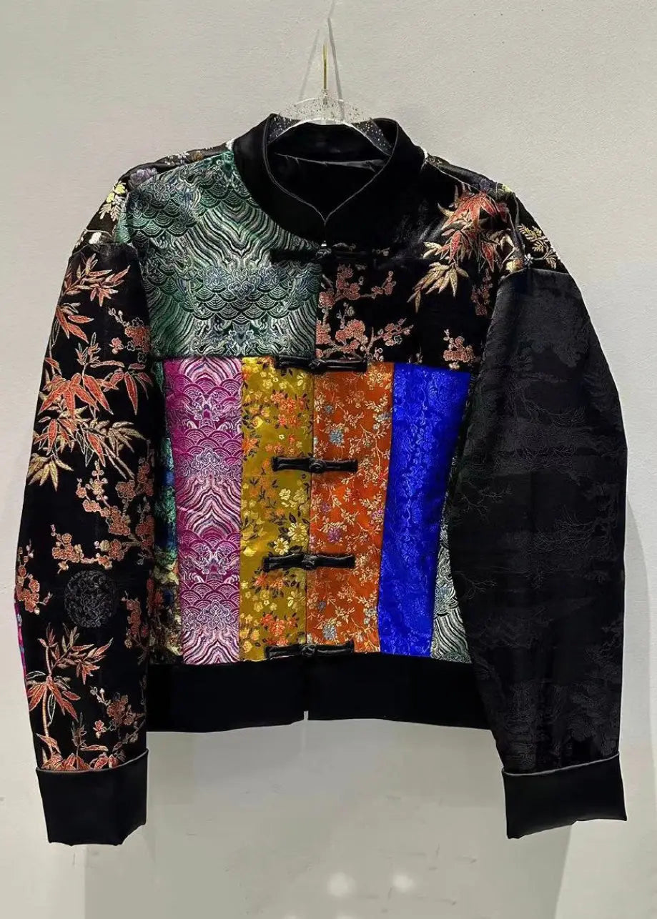 Loose Colorblock Stand Collar Button Silk Coat Long Sleeve Cg1058