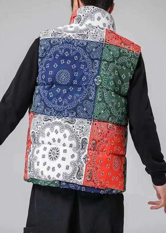 Loose Colorblock Stand Collar Pockets Cotton Filled Waistcoat Winter Rn001