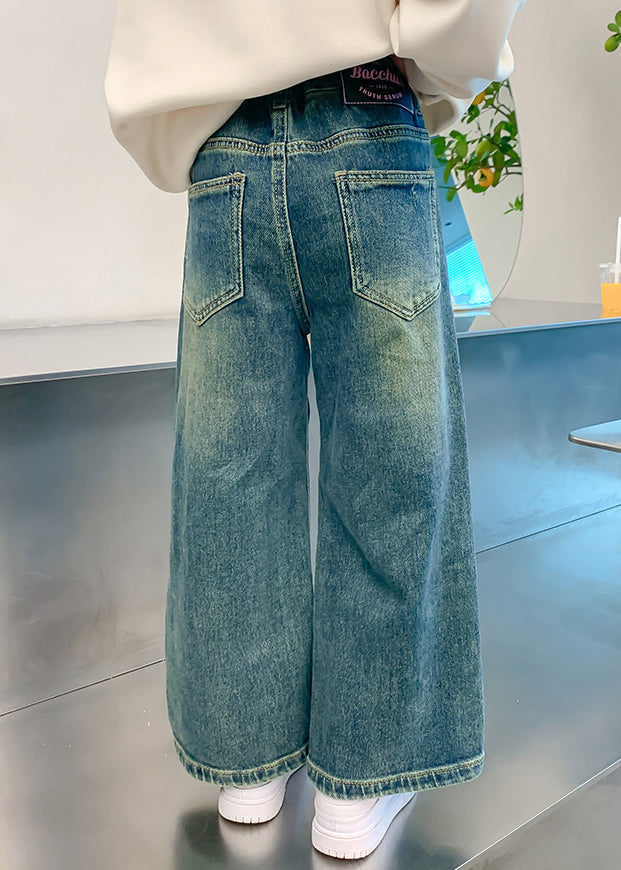 Loose Denim Blue Embroideried Elastic Waist Wide Leg Pants Tv016