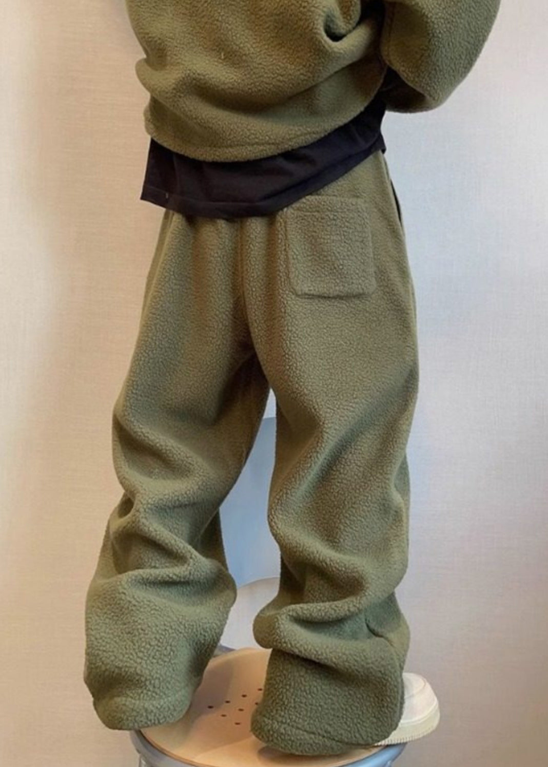 Loose Green Lace Up Elastic Waist Teddy Faux Fur Pants Winter Rm039