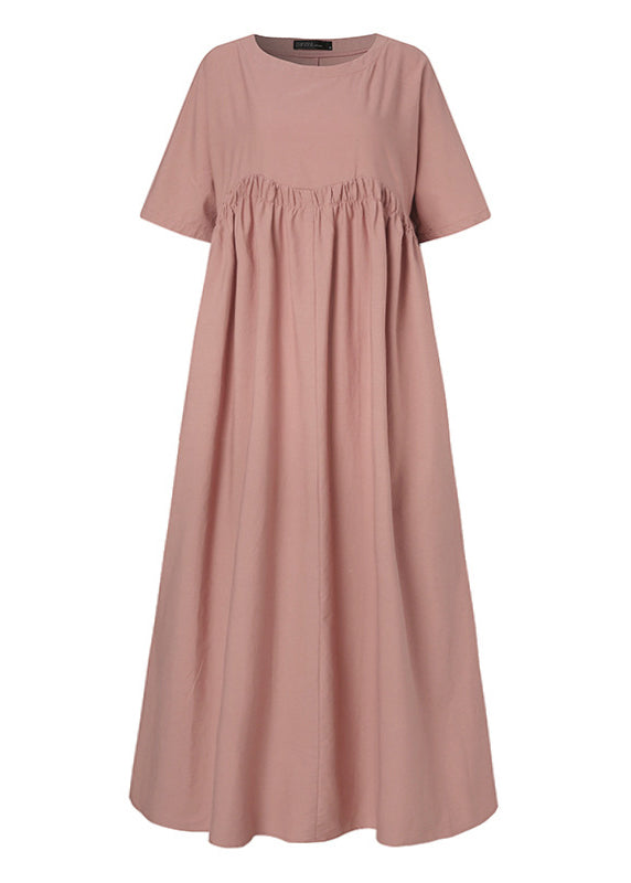 Loose Green Patchwork Wrinkled Linen Maxi Dress Short Sleeve Lc0012