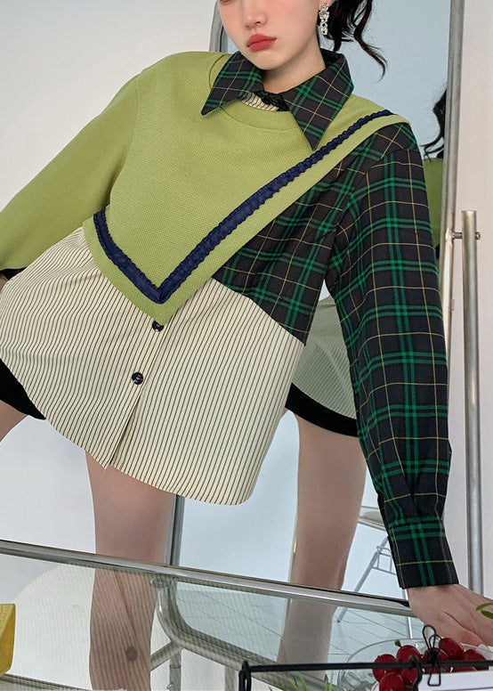 Loose Green Peter Pan Collar Patchwork Button Fake Two Pieces Sweatshirt Spring Ly0798