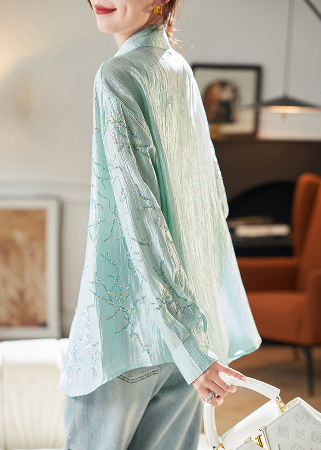 Loose Green Peter Pan Collar Zircon Blouse Long Sleeve Ab1024