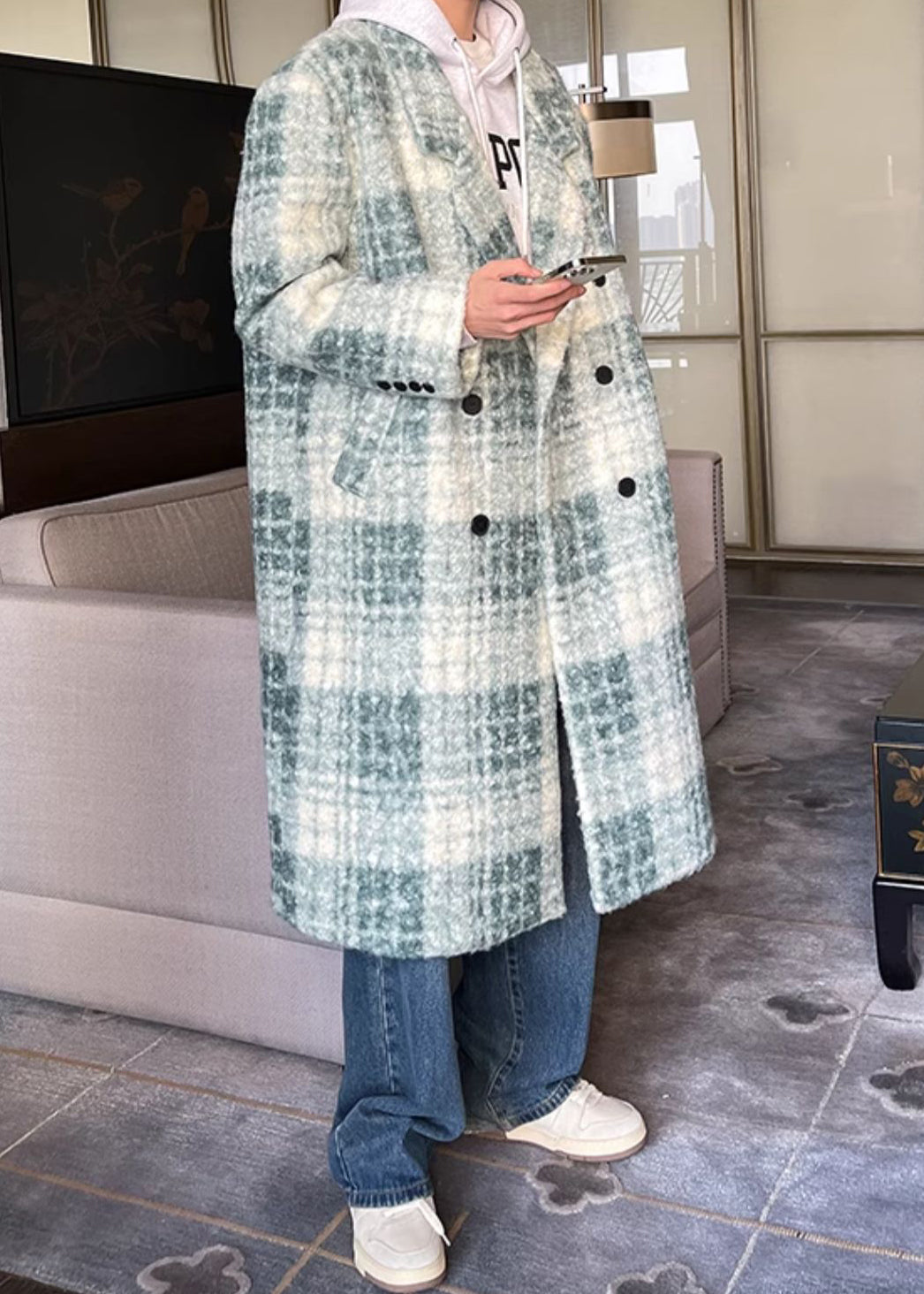 Loose Green Plaid Button Pockets Woolen Coat Winter Ro053