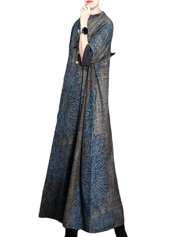 Loose Grey Half Hign Neck Print Cashmere Long Dress Fall Wn008