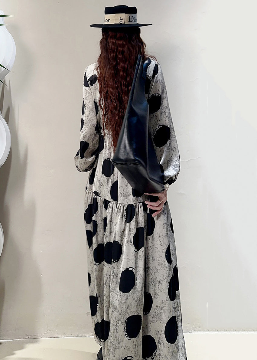 Loose Grey Print Lace Up Pockets Cotton Long Dresses Spring Kk039