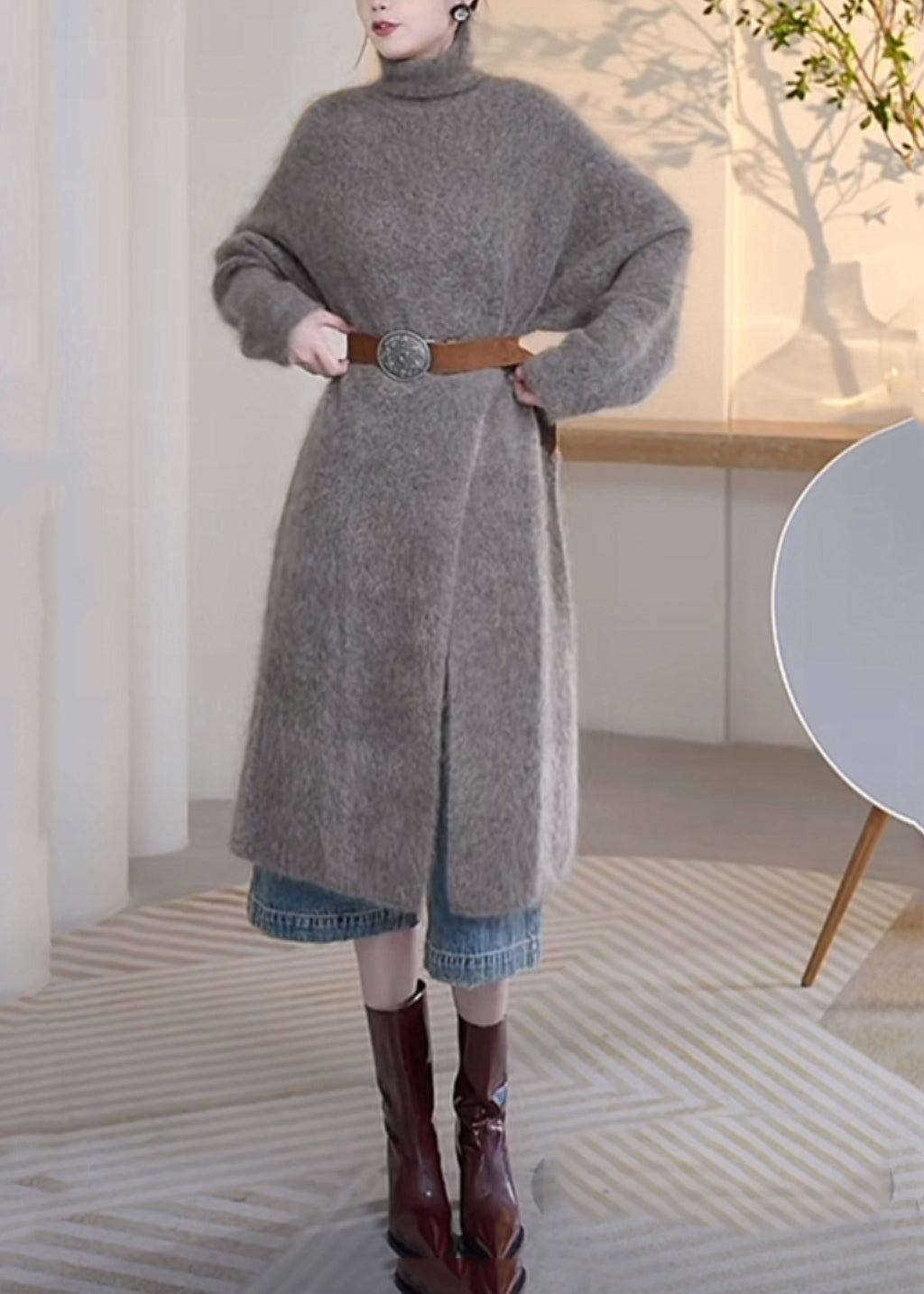 Loose Grey Turtleneck Front Open Mink Velvet Sweater Winter Wm006