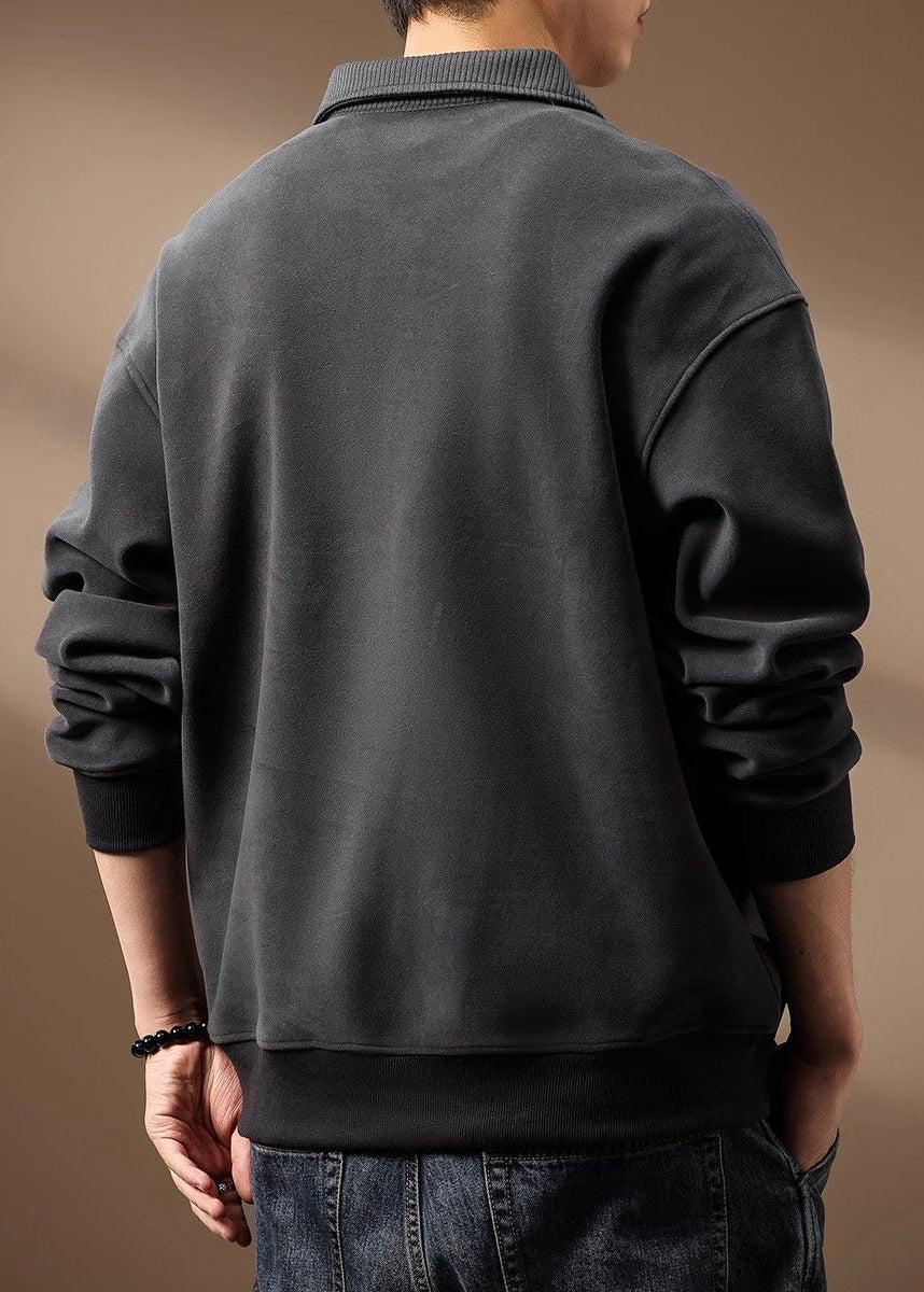 Zip Loose Cotton Sweatshirt Pockets Up Grey Spring Tc018
