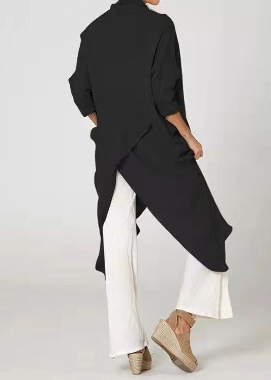Loose Khaki Asymmetrical Wrinkled Cotton Blouses Long Sleeve Ff066