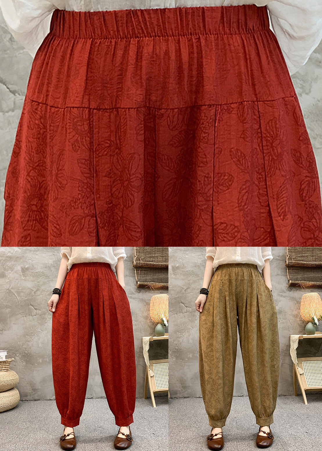 Loose Khaki Pockets Elastic Waist Cotton Crop Pants Summer Re005