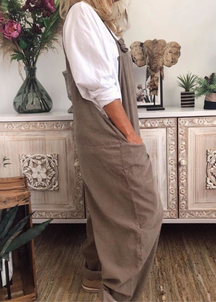 Loose Khaki Pockets Cotton Jumpsuit Sleeveless Ff062