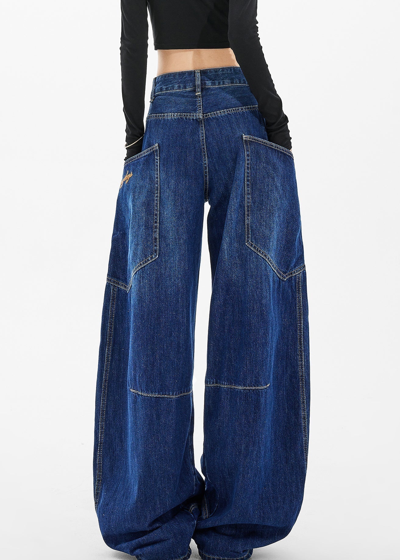 Loose Navy Pockets Wide Leg Denim Pants Spring Ta058